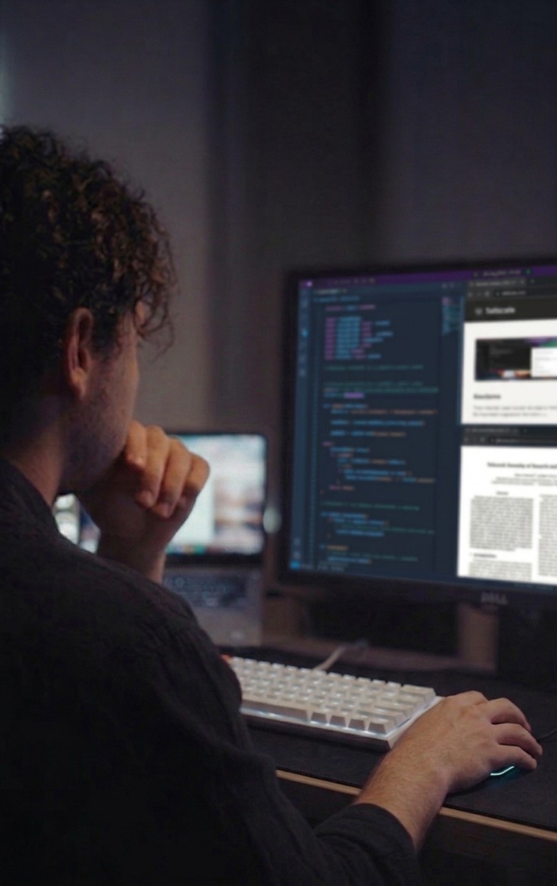 Trevor Gray at a desk, working at a monitor and a laptop.